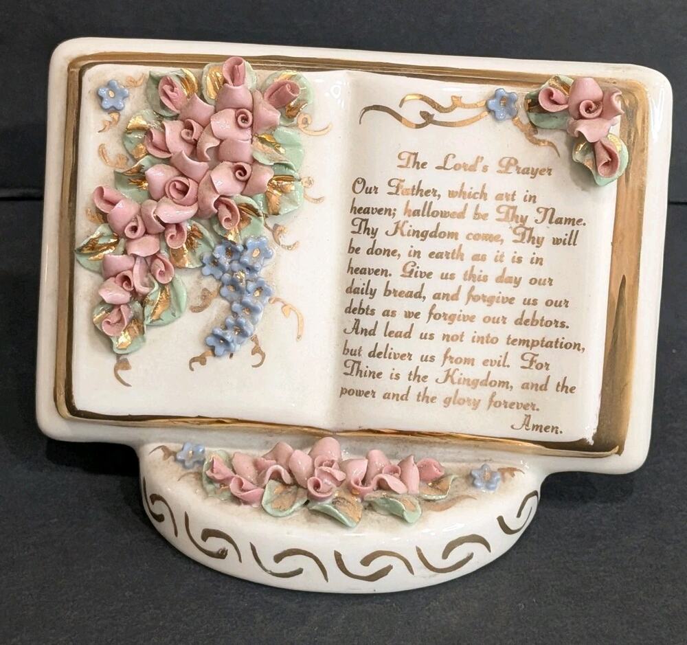 Vintage 3D Porcelain "The Lord's Prayer" Open Book Figurine Handmade Pink Roses